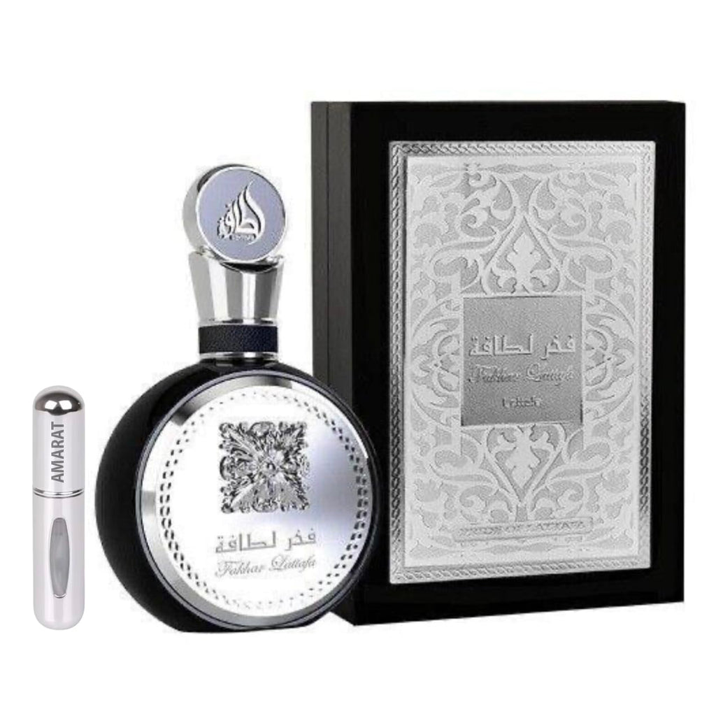 Fakhar for Men Black Eau de Parfum, 100 ml, arabisches Parfüm für Herren, lange Haltbarkeit, Import aus Dubai, inklusive nachfüllbarem Zerstäuber, 5 ml