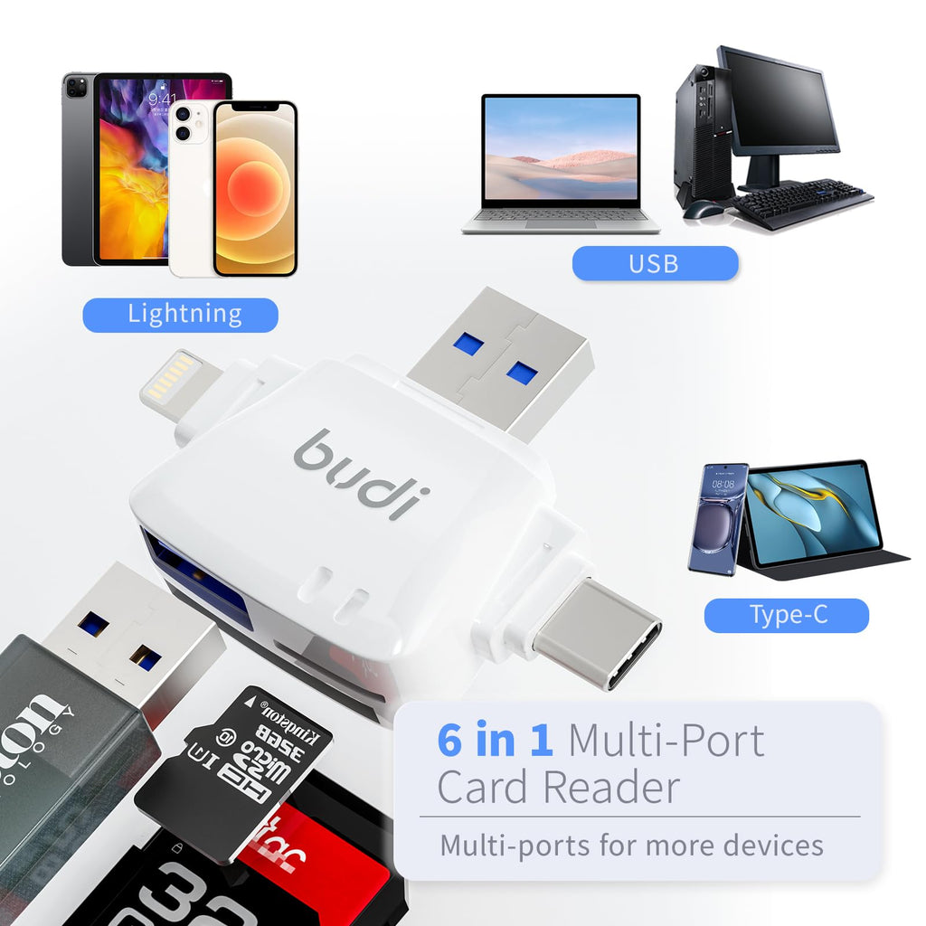 BUDI USB Type C Cable and 6 Types USB Adapter Combination Set, Mini Mirror SD CF Card Reader USB C Type Charging and Data Transfer Cable