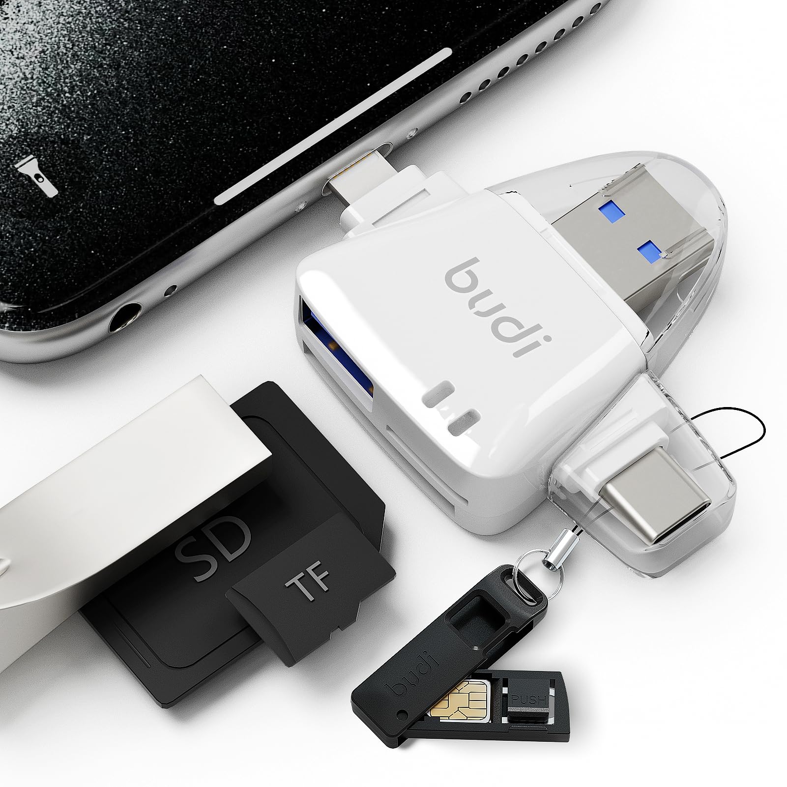 BUDI USB Type C Cable and 6 Types USB Adapter Combination Set, Mini Mirror SD CF Card Reader USB C Type Charging and Data Transfer Cable